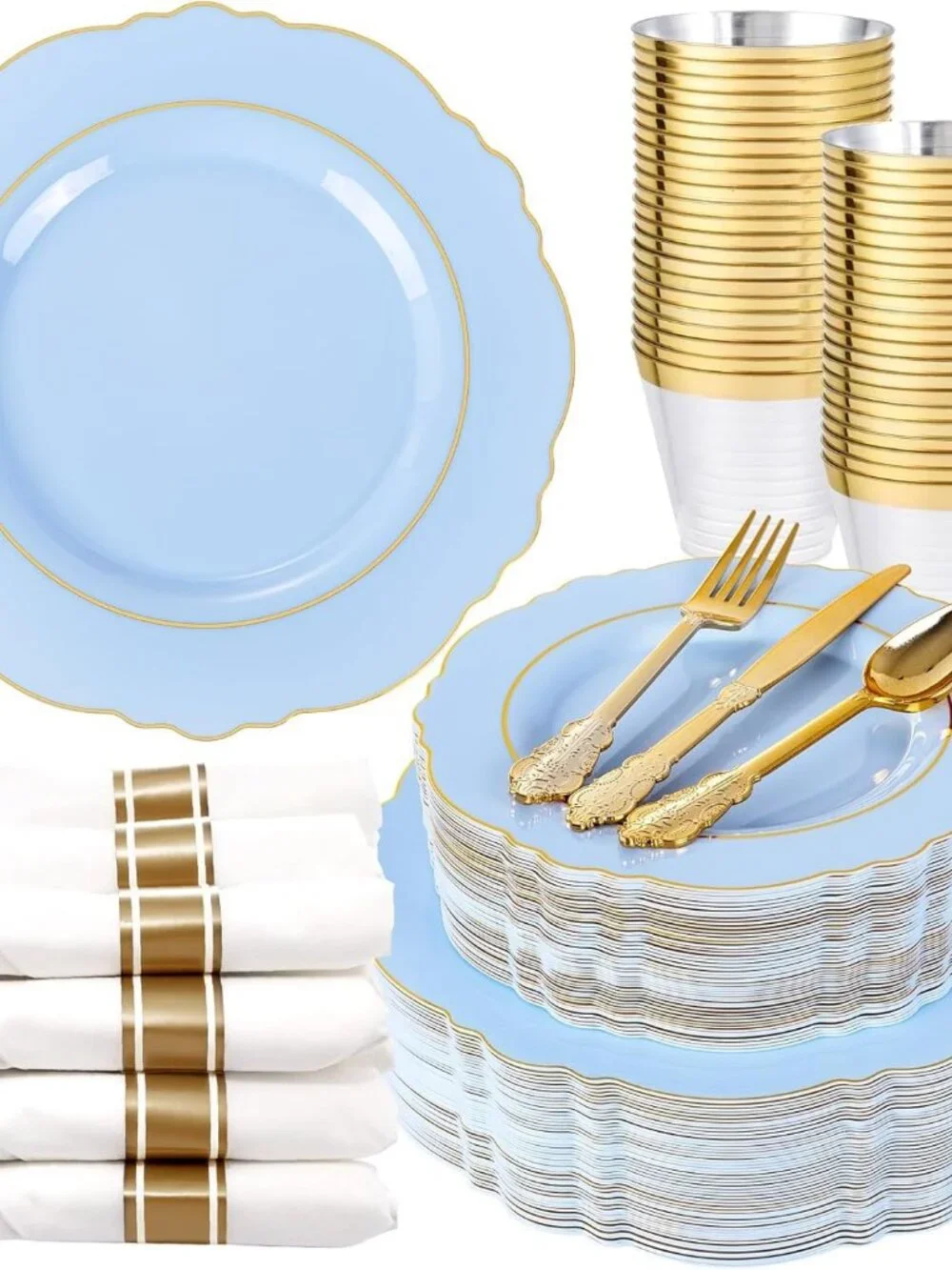 Liacere 175PCS Bule Plastic Plates - Disposable Ligh Bule and Gold Plates
